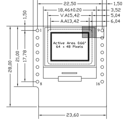 0.66 pulgadas IIC OLED Display 16 pin con 64x48 píxeles, fuentes blancas y azules Ultra baja potencia OLED Display
